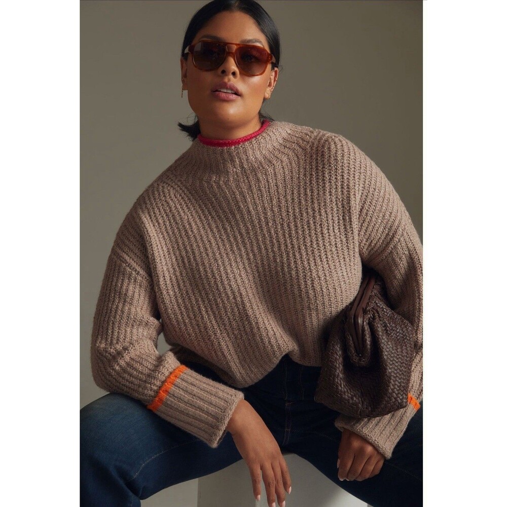 Anthropologie Maeve Sweater Women Mock Neck Taupe Color Tipped Preppy Large NWT